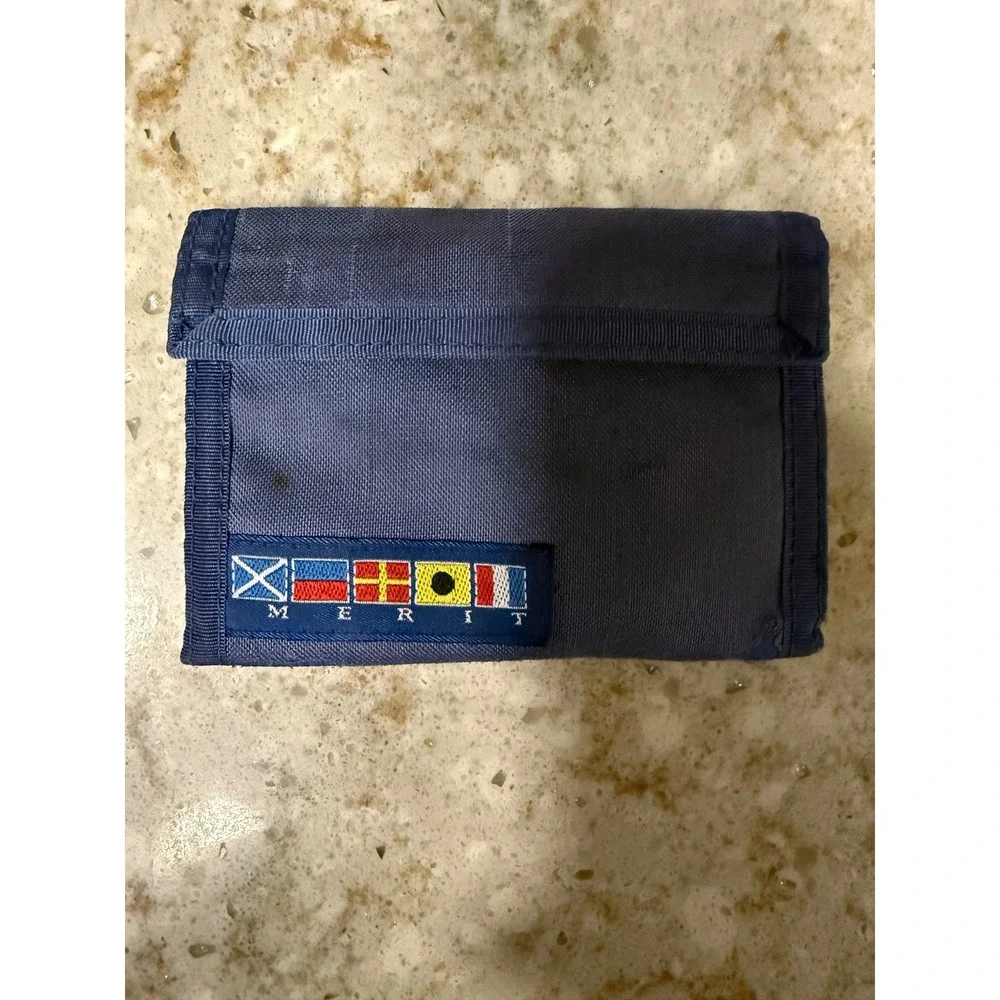 Vintage Merit Nautical Signal Flag Trifold Canvas Wallet Navy Blue Hook & Loop